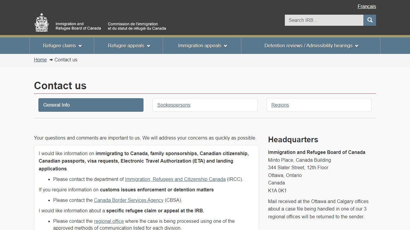 Contact us - Immigration and Refugee Board of Canada - IRB